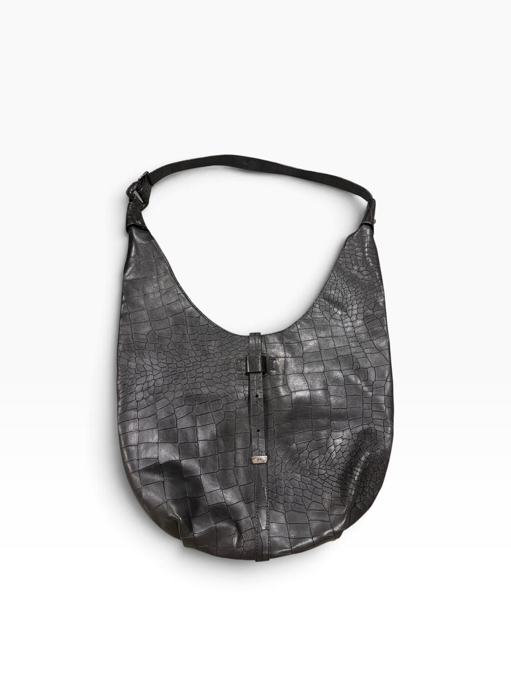 Halston Heritage Black Croc-Embossed Leather Slouchy Hobo Bag